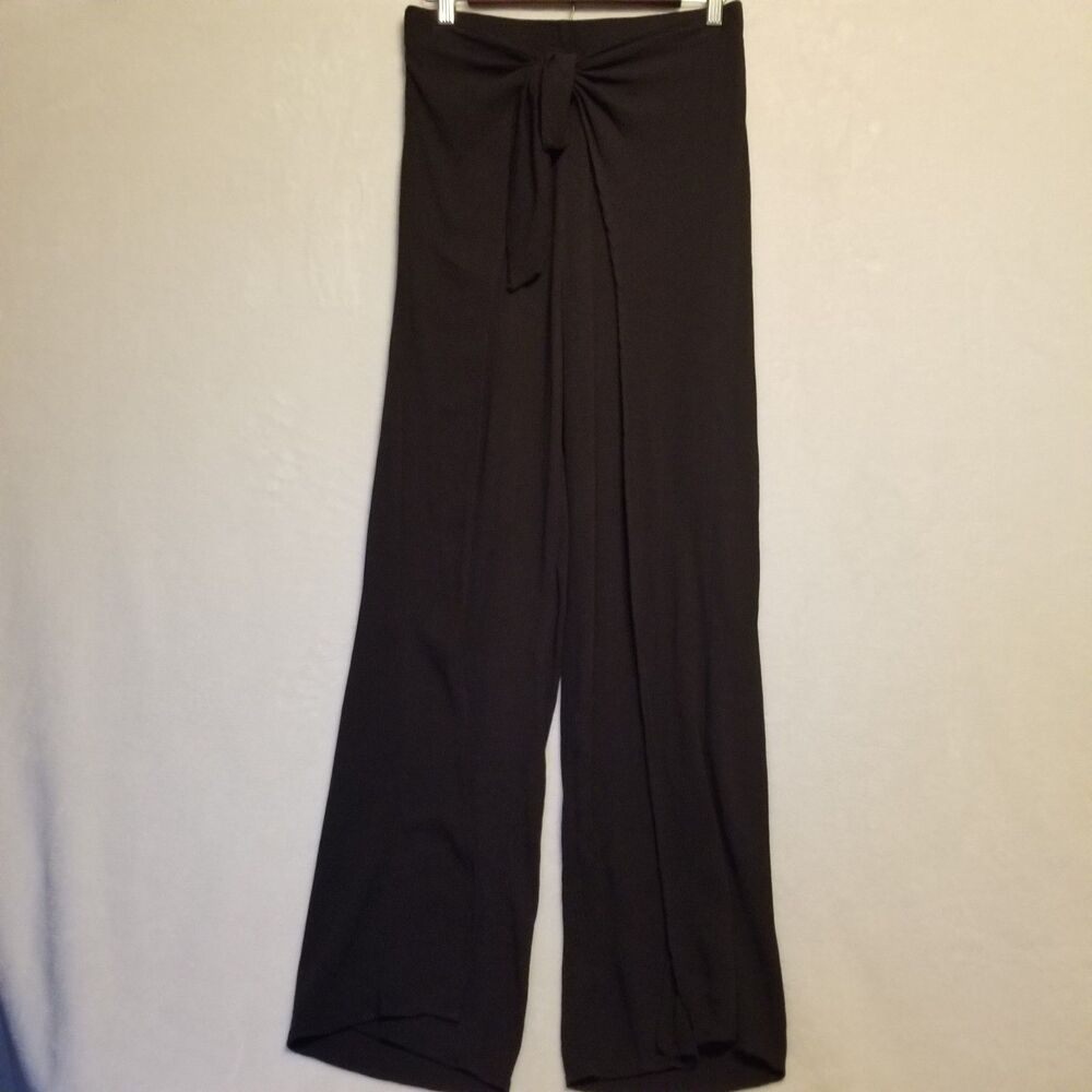 Kona Sol M Pants Black Tie Elastic Waist Tulip Wrap Cuff Crinkle Gauze Beach